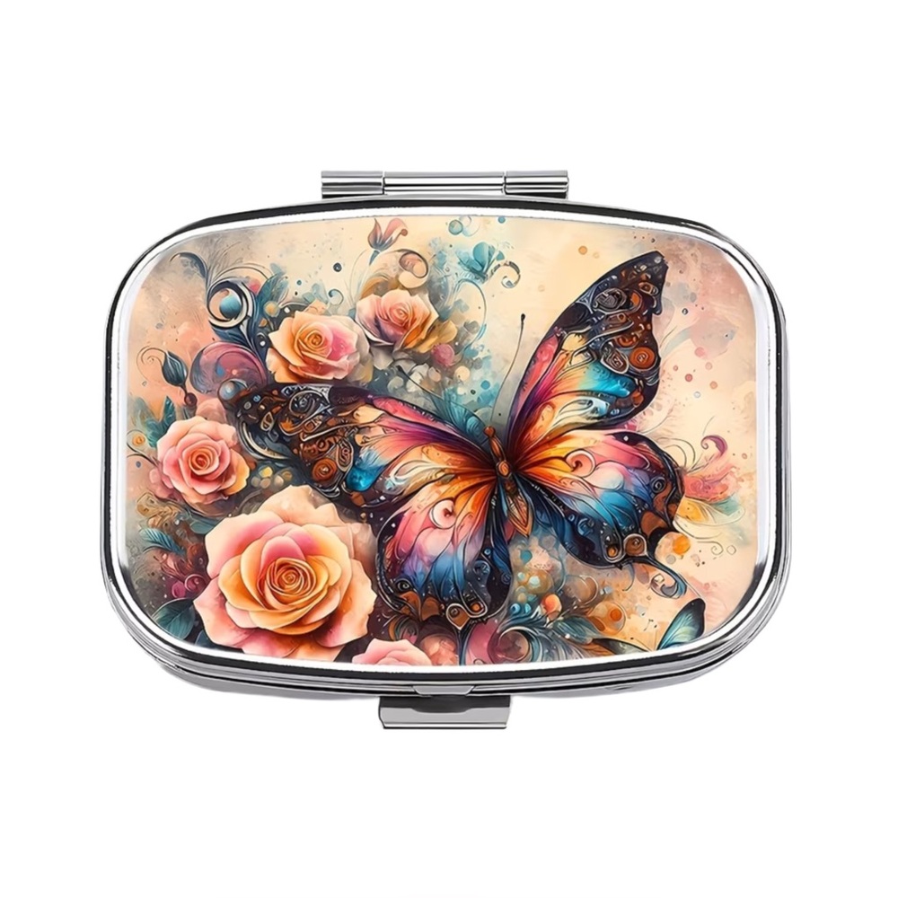 Whimsical Butterfly Peach Roses Multi-Use Mirrored Pill Box Container - Picture 6 of 6